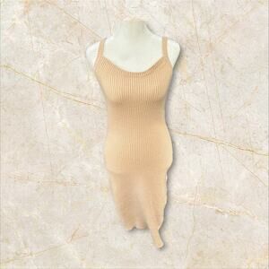 Lulus Sweater Tank Dress Stretch Bodycon Ribbed Tan Beige Size L -Fits Smaller!